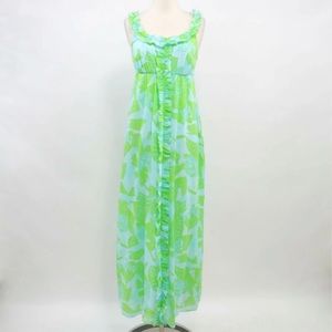 LILLY PULITZER Blue & green ruffle tropical v neck maxi dress Size 8